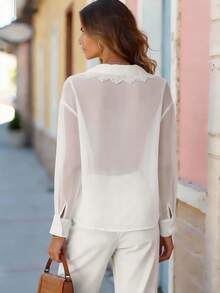 Balvessa Women's Contrast Lace Long Sleeve Single-Breasted Elegant Blouse - White - View 2