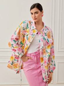 LOTSLUV Women's Loose Fit Long Sleeve Floral Print Jacket With Pockets, Drawstring Waist And Button Front Closure,Women's Denim Jacket,Women's Coat,Elegant Coats Women,Vacation Coat - White - View 4