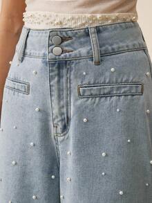 Anewsta Women's Fashionable Glamorous White Pearl Romantic Valentine's Day Party Vacation Blue Straight Leg Cuffed Jeans - Blue - View 2