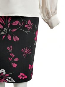 Balvessa Women's Elegant Commuter Solid Color Lantern Sleeve Blouse & Floral Print A-Line Skirt 2-Piece Set - Multicolor - View 6