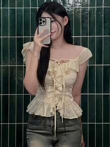 DAZY 女士方领荷叶边腰身优雅夏季衬衫 - 黃色 - 查看 3