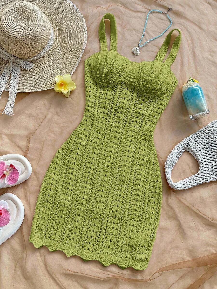 Soleia Women's Vacation Knit Textured Fabric Ocean Shell Mini Dress, Sexy Party Date Beach Holiday Summer Outfit, Suitable For Holiday Date, Afternoon Tea, Wedding Season, Beach Cruise Vacation, City Road Trip Vacation, Boho Vacation, Music Festival - Green - View 1