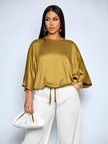 SOLERSUN Women's Elegant Loose-Fit Casual Party Luxury Satin Batwing Sleeve Blouse With Drawstring Hem - Mustard Yellow - View 6