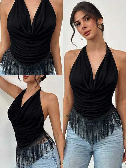 Firerie Women's Vacation Solid Color Draped Neck Tassel Hem Fashionable Draped Neck Camisole