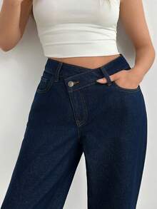 EURMUSE LOW WAIST STRAIGHT JEAN MEDIUM DARK BLUE COLOR CASUAL STYLE BUTTON CLOSURE Asymmetric Belt - Dark Wash - View 2