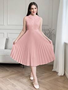 SHEIN Set Gaun Tanpa Lengan Berlipit dan Selendang Pesta Elegan untuk Remaja Perempuan - Berwarna merah muda - View 6
