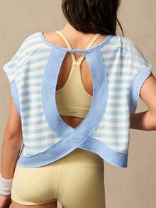 VARSIVA Women's Striped Round Neck Backless Bat Sleeve Sports T-Shirt - Multicolor - View 2