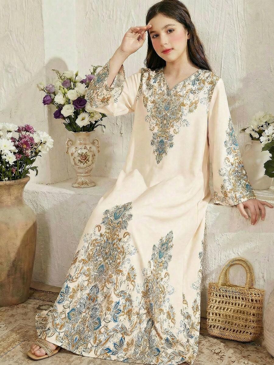 SHEIN Áo Jalabiya họa tiết hoa hình học thanh lịch cho bé gái Hồi giáo, váy tối giản thường ngày cho bé gái tuổi teen phù hợp cho mùa xuân và mùa hè, áo Abaya cầu nguyện, thoải mái dễ chịu, trang phục thường ngày, phong cách nghỉ dưỡng, áo Kaftan kín đáo, Jalabiya, quà tặng Hồi giáo, thoải mái dễ chịu, phong cách nghỉ dưỡng, trang phục mùa xuân và mùa hè cho bé gái - Nhiều màu - Xem 1