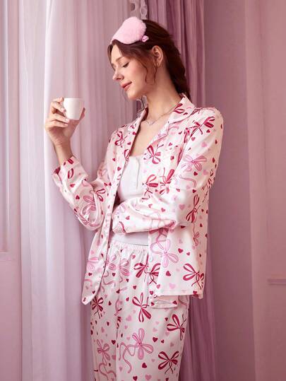 Bow & Heart Pattern Long Sleeve Pajama Set - Long Sleeve Button Collar Top And Pants, Soft Satin Sleepwear, Machine Washable, Can Be Worn Outerwear