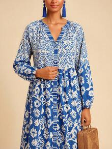 Travachic 女士休闲度假印花开衩连衣裙，秋季 - 藍色 - 查看 4