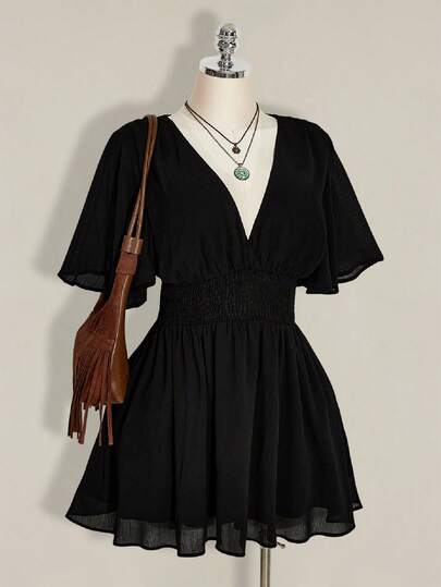 SHEIN ICON Plus Size V-Neck Ruffle Hem A-Line Dress, Suitable For Beach Vacation, Boho, Hippie, Y2K Style, Summer, Valentine's Day, Elegant Date Dress