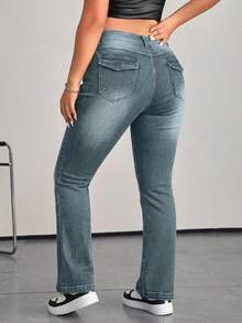 SHEIN Cottnline سراويل جينز ذات خصر عالي وجيوب للنساء كبيرات الحجم، متعددة الاستخدامات وواسعة القدم - ازرق ضبابي - مشاهدة 2