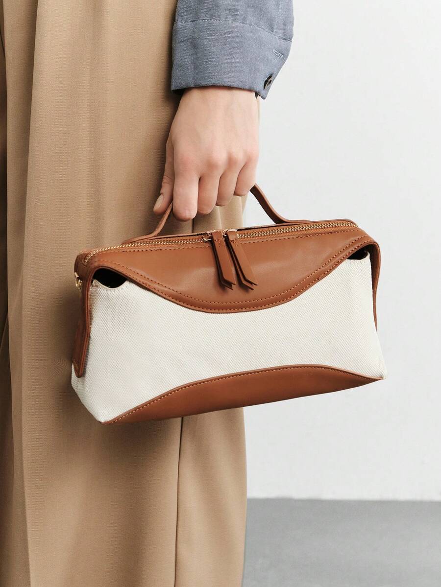 SHECARRY Ladies Casual Canvas Splicing Handbag - Beige Canvas + Brown - View 1