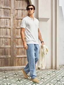 Mercer Haus 男士多口袋抽绳松紧腰洗水休闲牛仔裤，男士宽松牛仔裤 - 中等水洗藍 - 查看 7