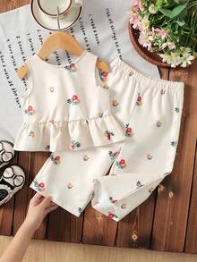 2件套女婴樱桃印花梭织背心和裤子套装 - 杏色 - 查看 3