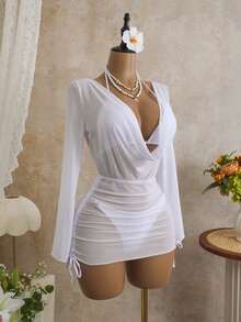 Swim SXY 女士夏季沙滩露背比基尼套装和抽绳侧开衩罩衫 - 白色 - 查看 5