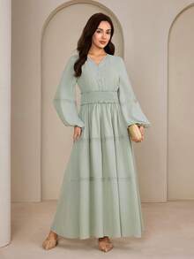 Graceveil 女士灯笼袖花卉蕾丝腰部喇叭连衣裙 - 綠色 - 查看 3