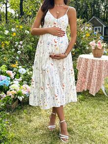 SHEIN Vestido de tirantes casual con estampado floral y volantes para maternidad - Albaricoque - Ver 5