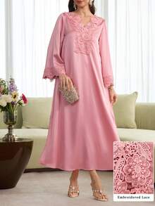 Al Najma Vestido holgado de línea A con cuello en V rosa, con bordado floral de encaje pesado para mujer - Rosa - Ver 6