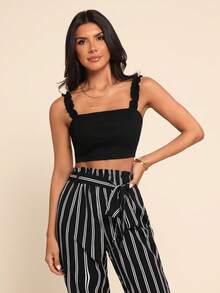 Coeurva Frill Trim Strap Cami Top & Paperbag Waist Striped Trousers Set - Black - View 7