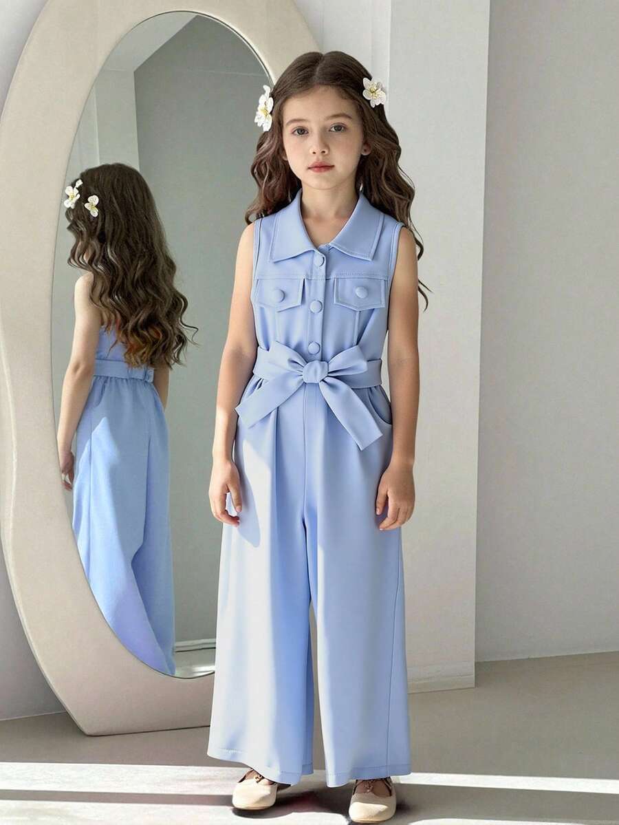 Elladie kids 女童休闲简约翻领无袖收腰连体裤,优雅夏季穿搭,时尚通勤及户外活动皆宜 - 藍色 - 查看 1