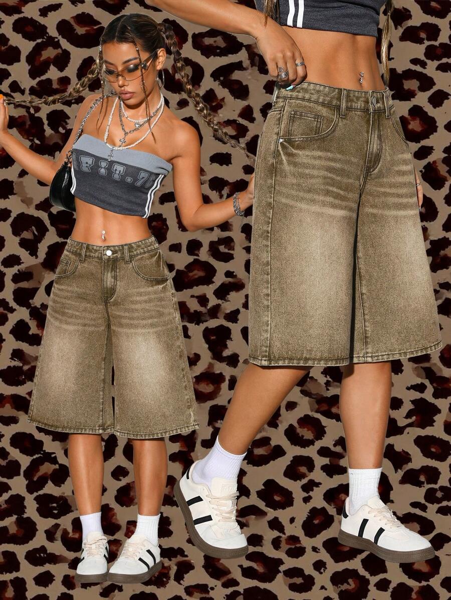 SHEIN ICON Quần short denim nữ kiểu dáng thường ngày, có túi và cúc. - màu nâu - Xem 1