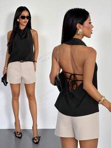 SHEIN PETITE Neue elegante Bluse für Frühling/Sommer, Vintage moderner asymmetrischer Kragen, ärmelloser Trägertop mit Rückenausschnitt und Schleifendekor, tailliertes schwarzes Bürohemd für Konzerte und Raves, Rave Top - Schwarz - Übersicht 4