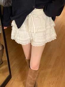 DAZY 女士蕾丝拼接优雅短裤，白色，四季皆宜 - 杏色 - 查看 5