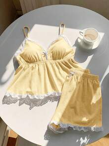 Comfortcana 女士蕾丝蝴蝶结装饰吊带背心和短裤休闲日常穿搭 - 鵝黃色 - 查看 6