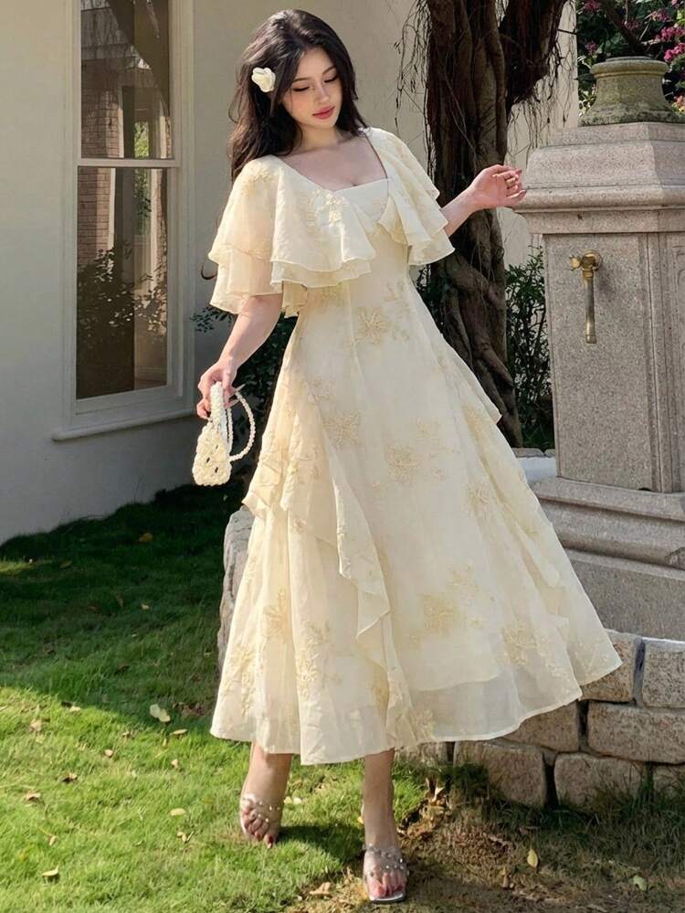 Embellished Cap Sleeve Ruffle Hem Midi Waist Dress For Women Summer Floral Dresses For Women
