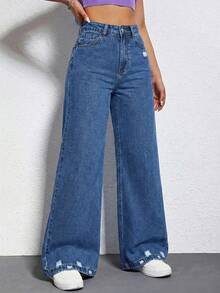 SHEIN EZwear 休闲水洗做旧高腰阔腿牛仔裤 - 中等水洗藍 - 查看 5