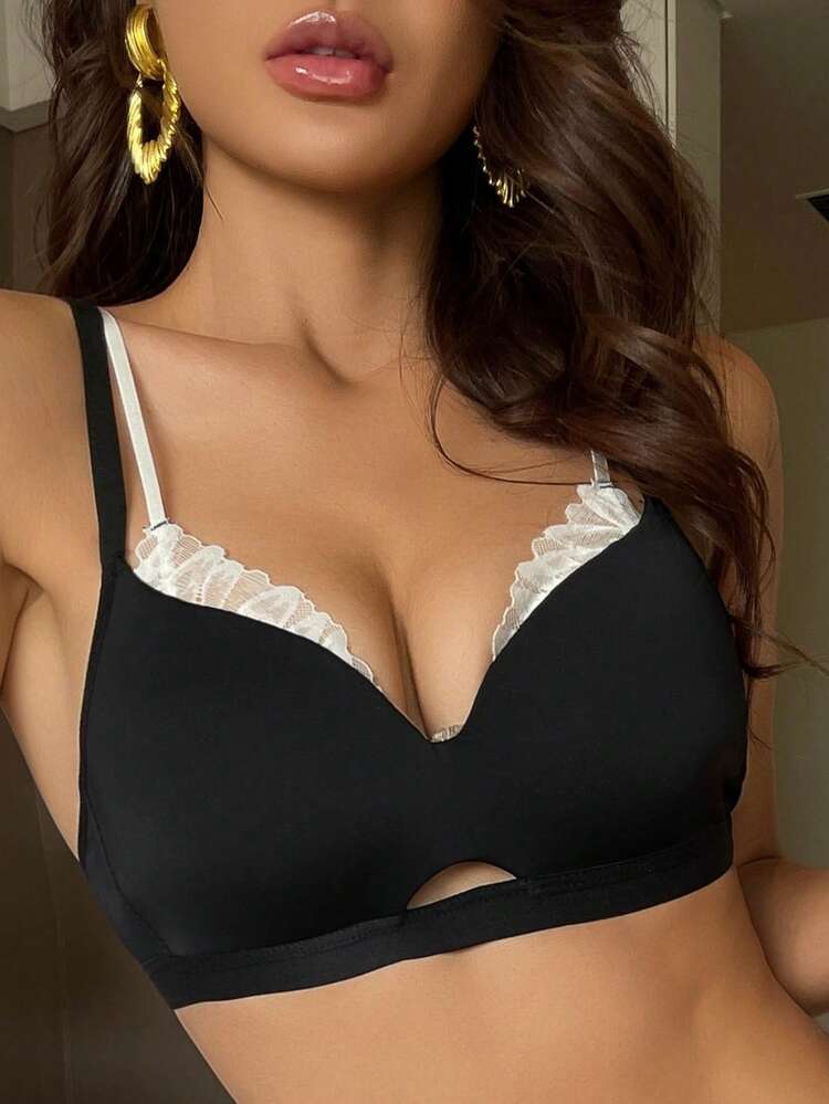 Lace Patchwork Adjustable Spaghetti Strap Lightly Padded Bra, Suitable For Spring And Summer