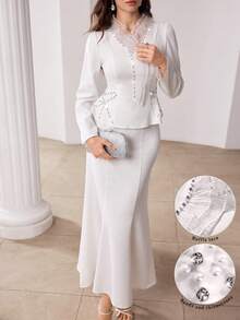Modelyn 女士白色水钻褶裥长袖上衣和鱼尾裙两件套优雅宴会礼服 - 白色 - 查看 2