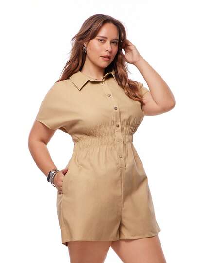 Solavibe Plus Size Solid Color Front Button Slant Pocket Casual Short Sleeve Jumpsuit,Vacation,Vacation Style, Resort Wear Women