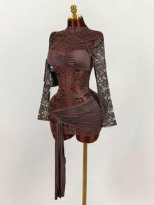 Amplova 女士蕾丝衬衫搭配复古红色薄纱抽绳下摆迷你修身连衣裙，波西米亚风派对装扮 - 棕色 - 查看 4