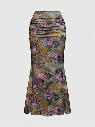 ROMWE Fairycore 女士度假休闲性感褶皱修身鱼尾裙