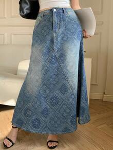 DAZY 女士休闲水洗碎花牛仔迷你裙，春夏款 - 中等水洗藍 - 查看 7