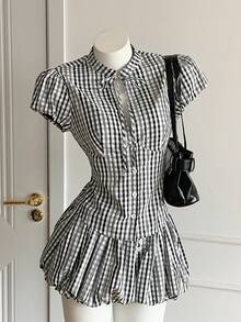 Comfortcana Women's Plaid Knot Design Button Casual Versatile Daily Wear Shirt - Black and White - View 3