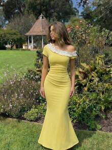 SHEIN MOD Đầm dài nữ thanh lịch, phối màu, viền bèo nhún, vai lệch, tay ngắn, xếp ly, ôm dáng. - Màu vàng - Xem 6