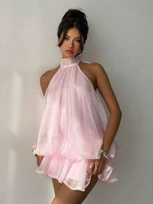 Aloruh Women's Elegant Light Yellow Halter Tie Mini Dress - Baby Pink - View 2