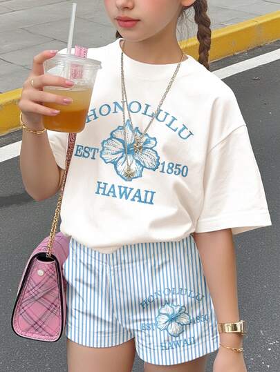 Conjunto de 2 piezas de camiseta de manga corta de cuello redondo holgada y pantalones cortos con estampado de flores de hibisco y letras de Hawái, adecuado para primavera/verano, uso diario, exterior, playa, vacaciones - Adolescentes