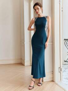 Anewsta Women's Fashionable New Dignified Style Beaded Sequin Sexy Backless Waist-Cinching Birthday Party High-End Formal Elegant Dress - Dark Green - View 6