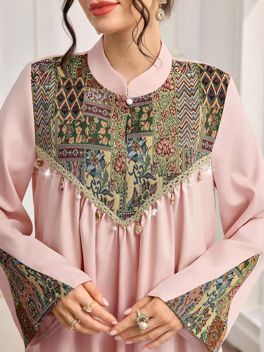 Al Najma New Arrival Modest Jacquard Arabic Style Dress For Women - Baby Pink - View 1