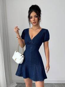 Elenzga 女士夏季休闲花瓣袖收腰牛仔连衣裙 - 深色水洗藍 - 查看 3