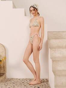 lacRébo 格纹三角比基尼套装，饰有扇形花边和蝴蝶结细节 - 綠色 - 查看 4