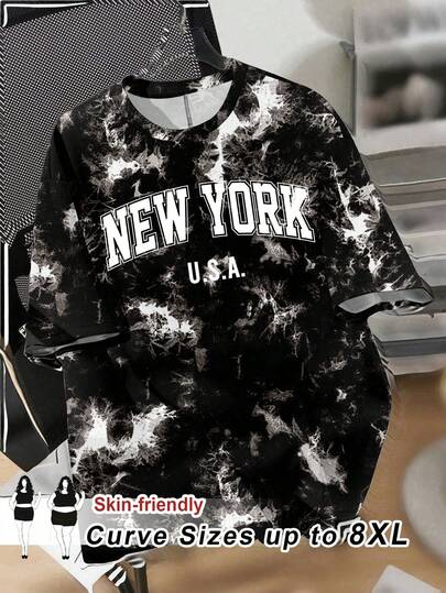 SHEIN CURVE+ 夏季女士扎染印花圆领短袖T恤，大码可选