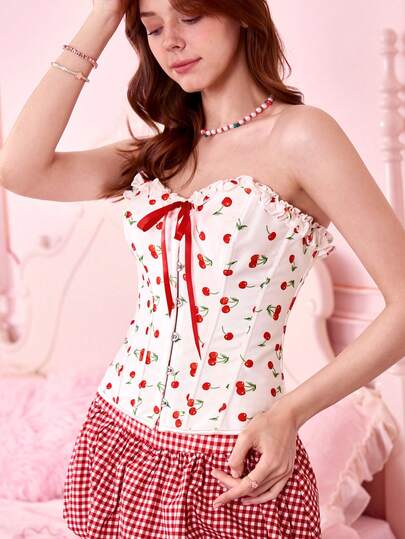 Red Cherry Blossom Jacquard Fabric Corset With Ruffled Hem, Lace-Up Bust, Waist Cincher Shapewear