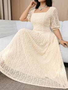Feyla Plus Size Women's Square Neck Puff Sleeve Elegant Lace Dress - Apricot - View 7