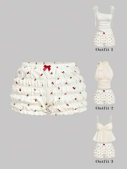 SHEIN MOD Cherry Bubble Ruched Shorts With Elastic Waist And Bow Decor, Casual Summer.Ivory Cherry Embroidery Ruffle Shorts Cute Bow Detail Playful Style Elastic Waist Artistic Design Lightweight Textured Fabric Soft Touch High Waist Charming Sweet Flowy Silhouette Summer Comfortable Delicate Gathered Edges Feminine Casual