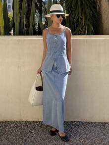 Livesso Spring & Summer Sleeveless Denim Vest Top, Casual Beach Vacation Style, Paired With Straight Cut High Slit Denim Skirt, Elegant Office/Commute 2-Piece Set For Women - Light Wash - View 5